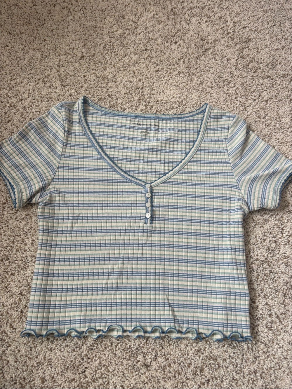 American Eagle Outfitters Striped Ribbed V-Neck Crop Top in Light Blue and Cream